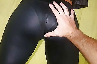 Leather leggings, taut pants, panty lines, touching her body, grabbing her ass in leggings